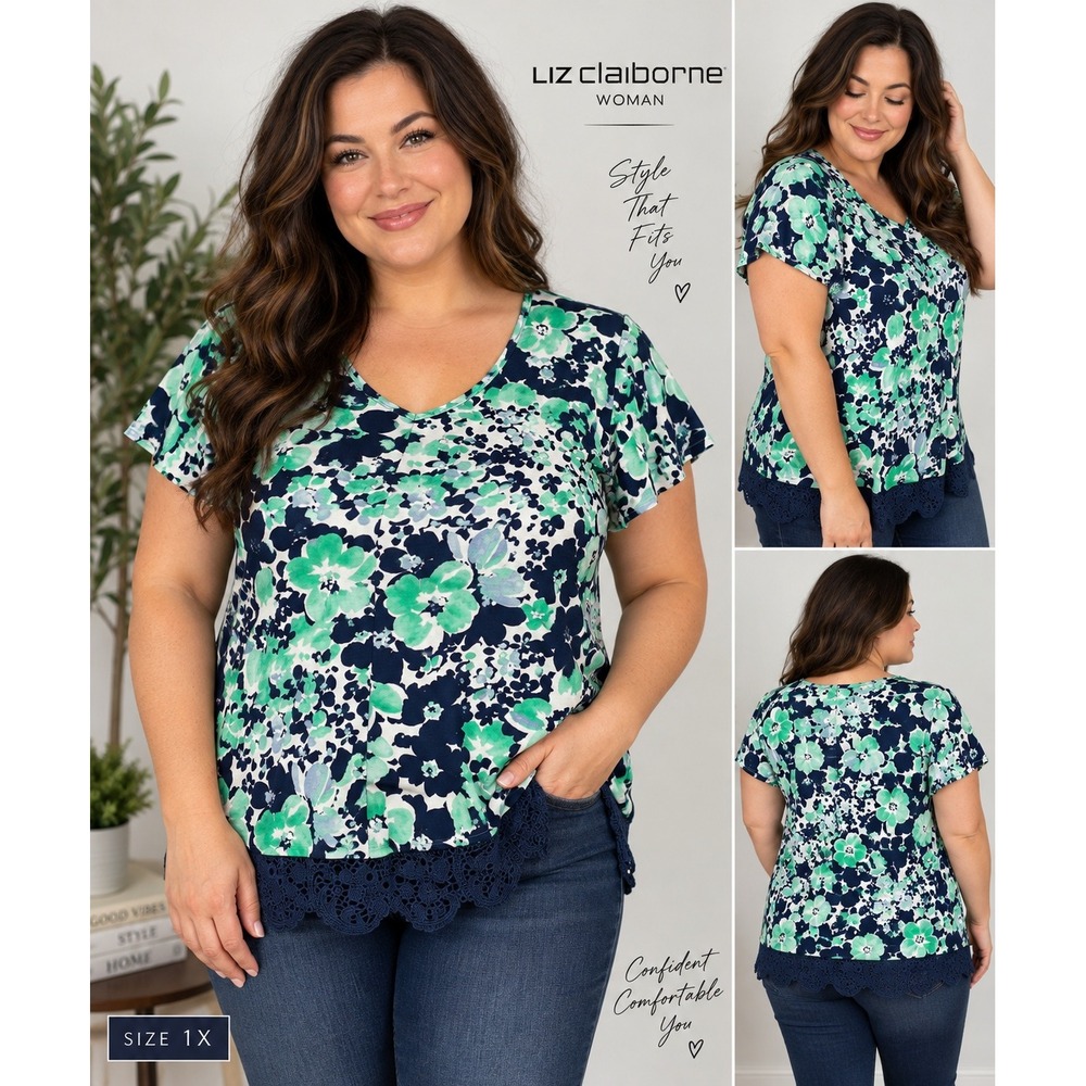 Liz Claiborne Woman Floral V-Neck Top Navy Green Crochet Lace Trim 1X NWT